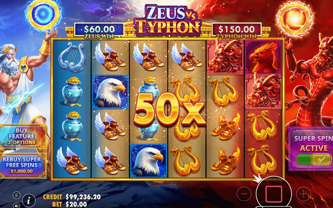 Win screen with ZEUS WIN and TYPHON WIN tallies